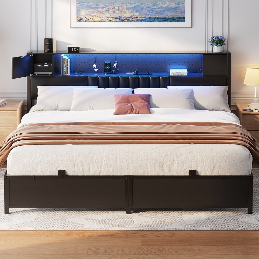 Farmhouse Bed Frame with Holey Board, Upholstered Headboard Platform Bed with Charging Station