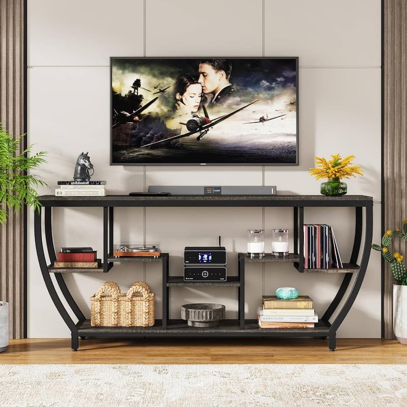 70 Inch Industrial Sofa Table with Rustic Wood Shelves and Black Metal Frame for Living Room - 70.86’’W x 11.81" D x 35.43’’H
