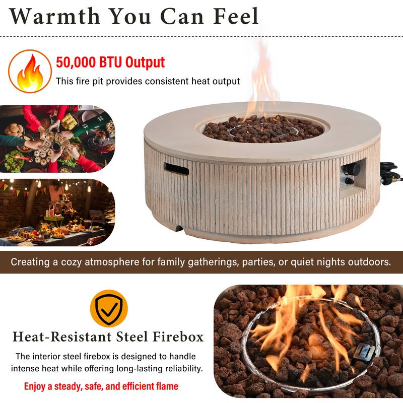 38.19" Propane Outdoor Fire Pit with Vertical Stripe Design, 50000 BTU Round Fire Pit Table with Steel Burner, Flame Control