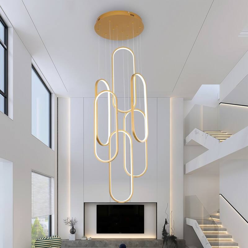 Modern Chandelier 6 Ring Adjustable Height Long Staircase LED Chandeliers Foyer Ceiling Light