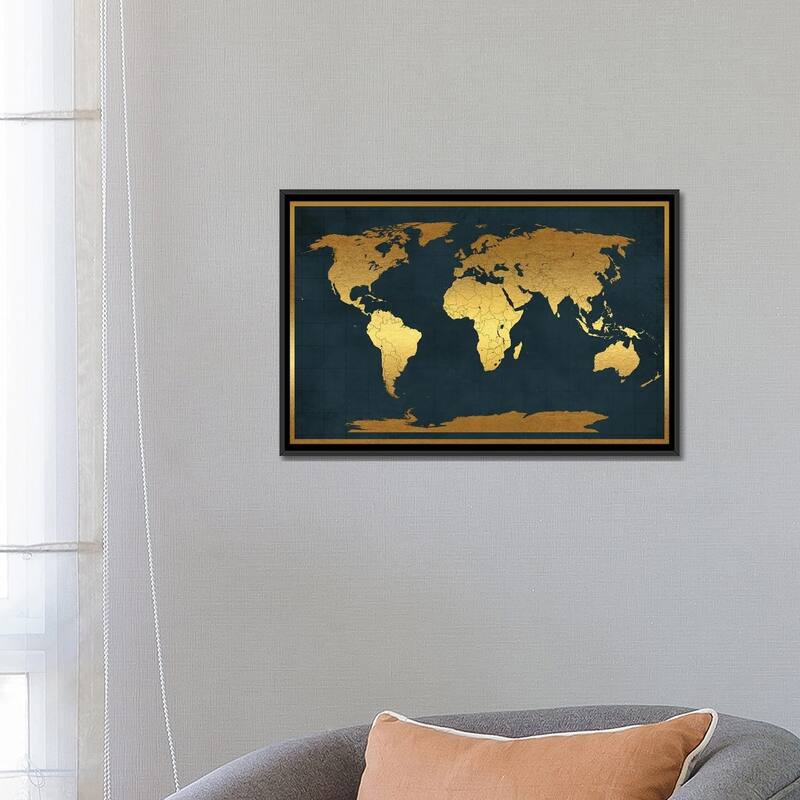 iCanvas "World Map Vintage Style Black Gold" by WallDecorAddict Framed Canvas Print