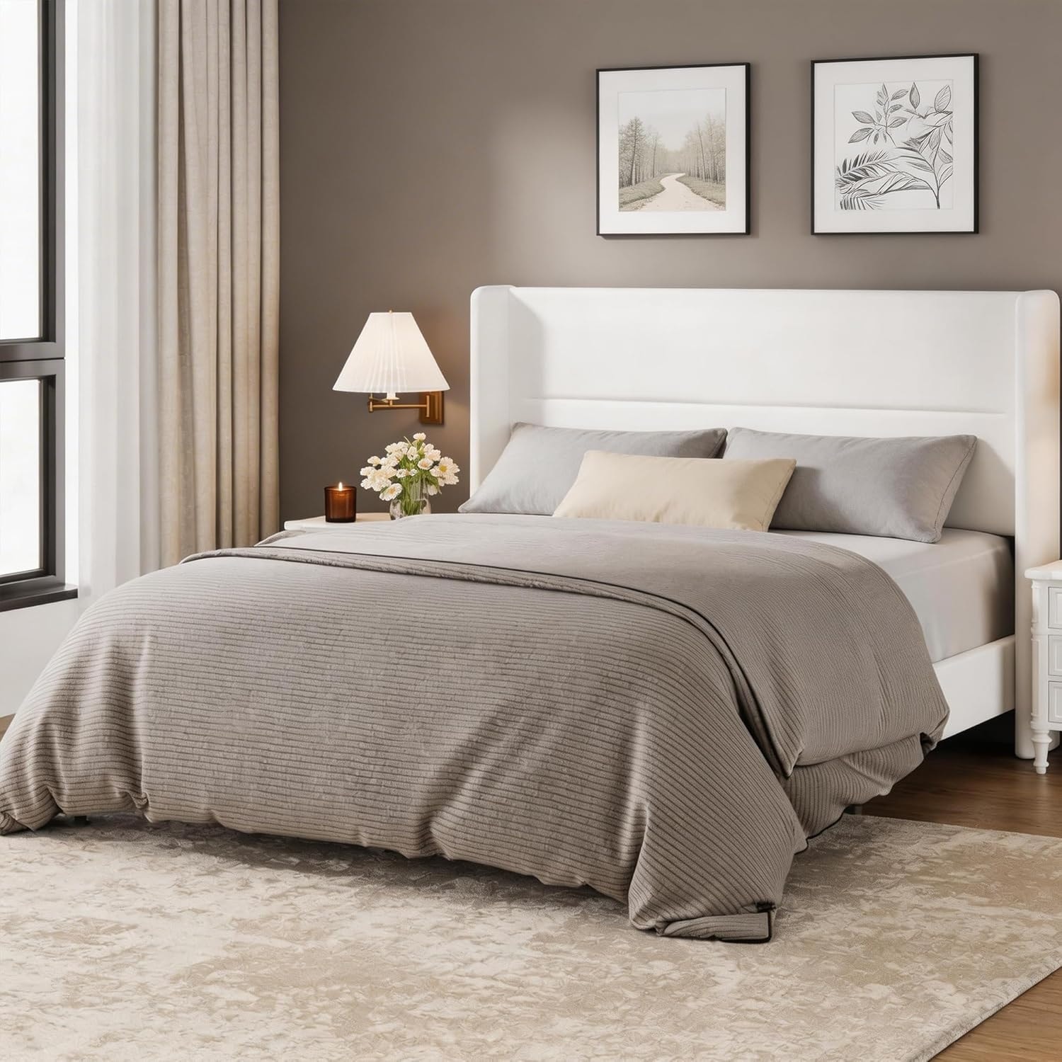 Full Velvet Bed Frame with Wingback Headboard, Upholstered Platform Bed with Wood Slats, No Box Spring Needed, Grey