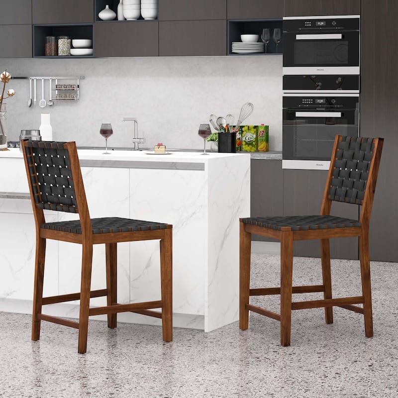 2 PCS Woven Bar Stools Counter Height Dining Chairs Faux PU Leather