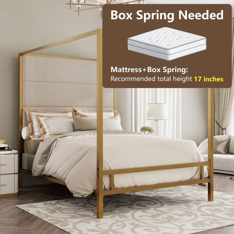 Metal Frame Canopy Bed Four Poster Bed Velvet Fabric Upholstered Headboard Wingback Bed, Modern Low Profile Platform Bed