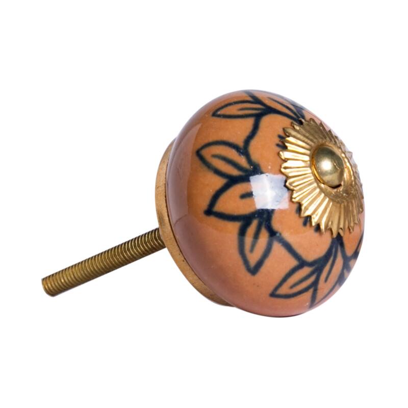 Orange and Black Ceramic Flower Knobs Set of 8 with Gold Finish and Screws - 1.5” x 1.5” x 1.5” (D x W x H)