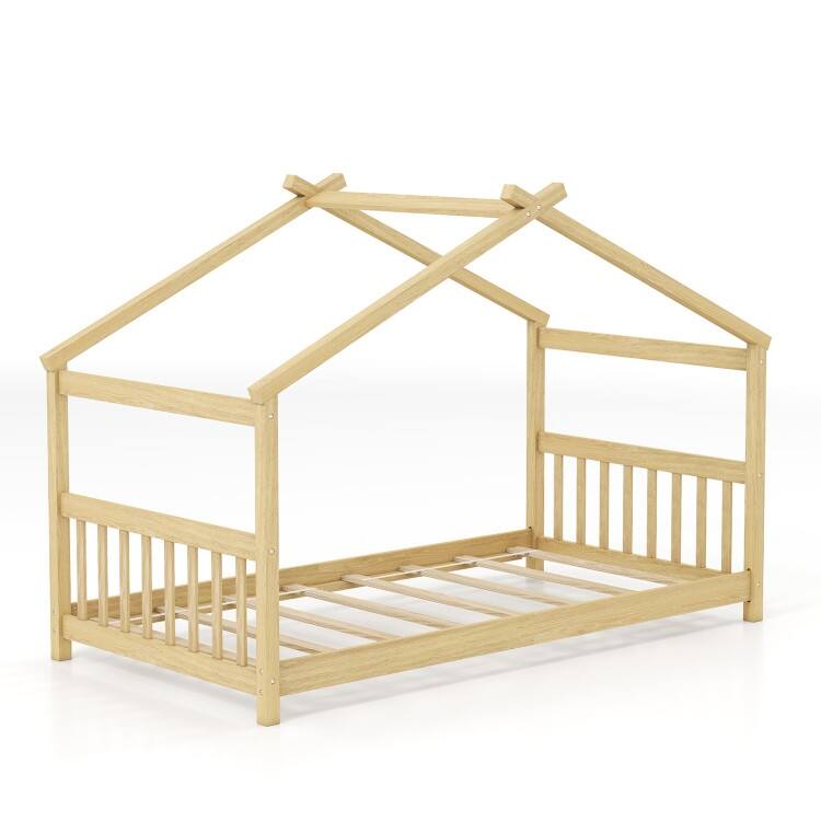 Twin House Bed Frame for Kids with Roof Design and Wood Slat Support - Natural