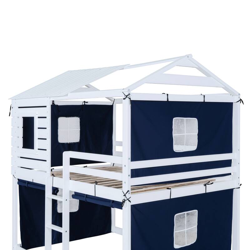Solid Wood House Bunk Bed with Tent, Ladder and Fence for Kids, Bedroom