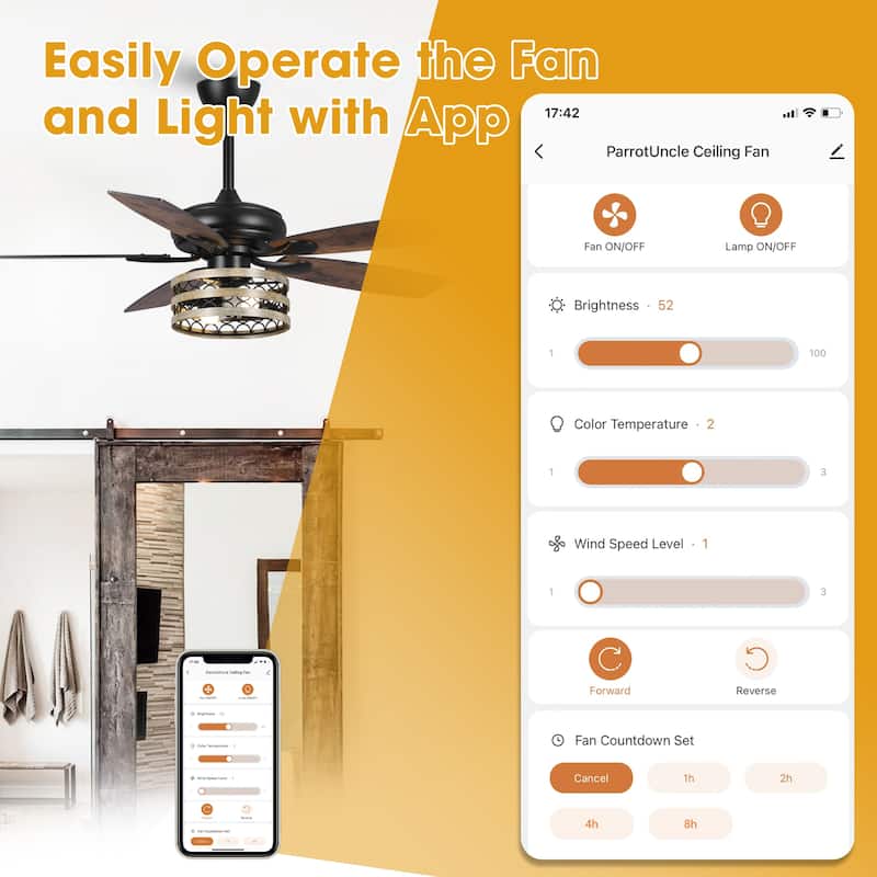 52" Farmhouse Reversible 5-Blade Smart Ceiling Fan with Remote, App Control, Voice Control