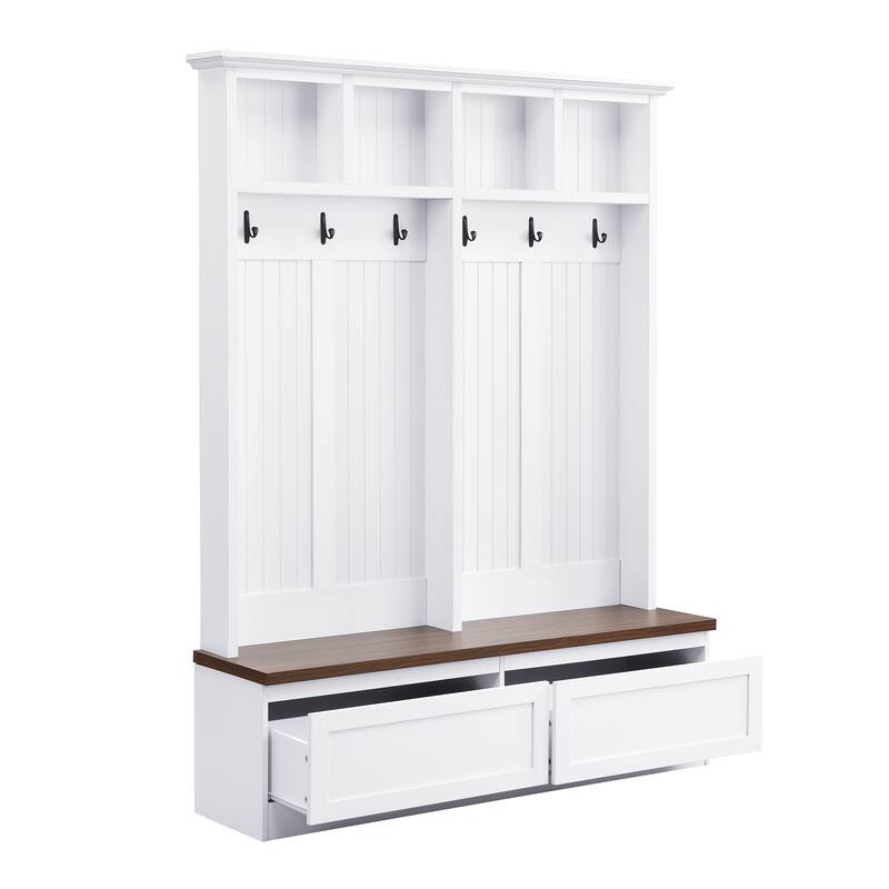 Versatile 4-in-1 Coat Rack with Wood Grain Bench and 2 Large Drawer