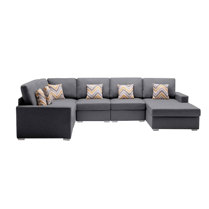 Linen Fabric 6 Piece Reversible Chaise Sectional Sofa with 6 Pillows and Interchangeable Legs - Gray