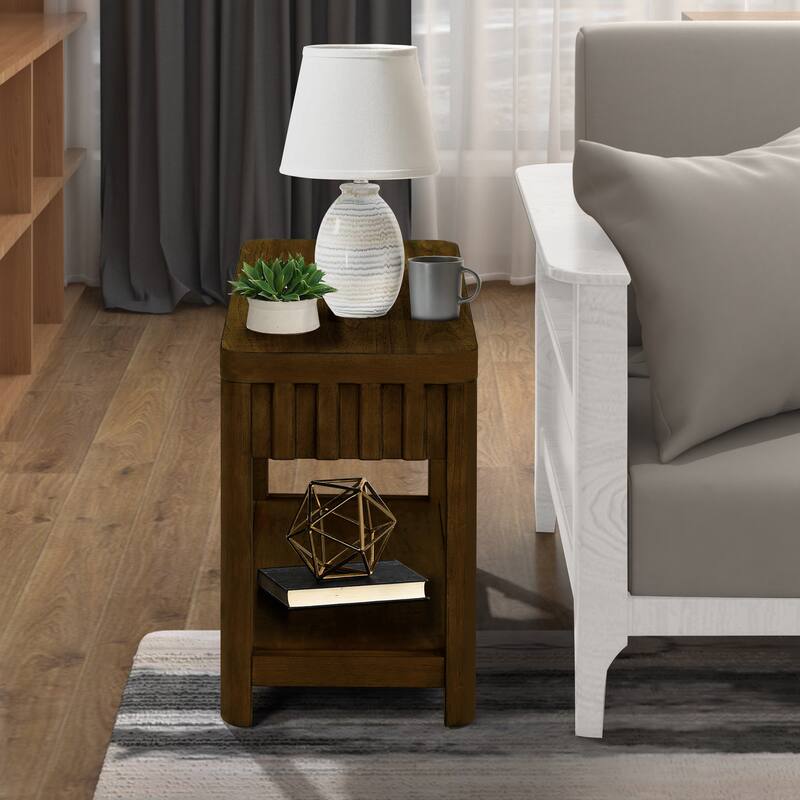 25"Rectangular Farmhouse End Table with Storage Shelf,Sofa Side Table with Solid Wood Legs for Living Room