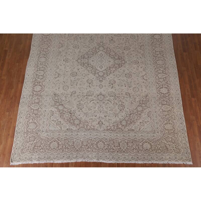 Hand Knotted Oriental 100% Wool Carpet Traditional Floral Beige & Ivories Kashan Area Rug - 12' 5'' X 9' 5''