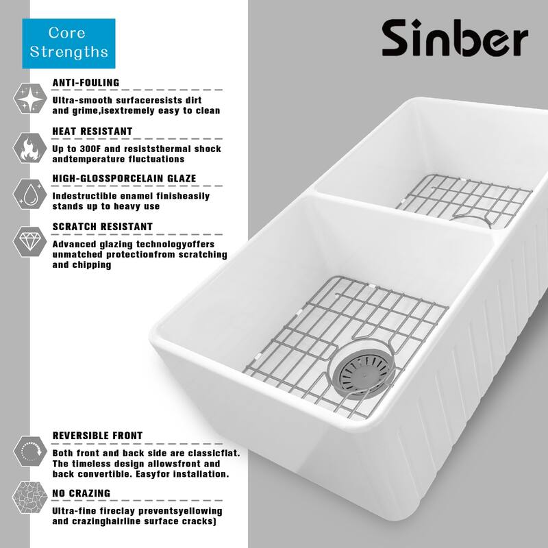 Sinber 33 Inch Drop in Double Bowl Kitchen Sink with Fireclay White Finish 2 Accessories