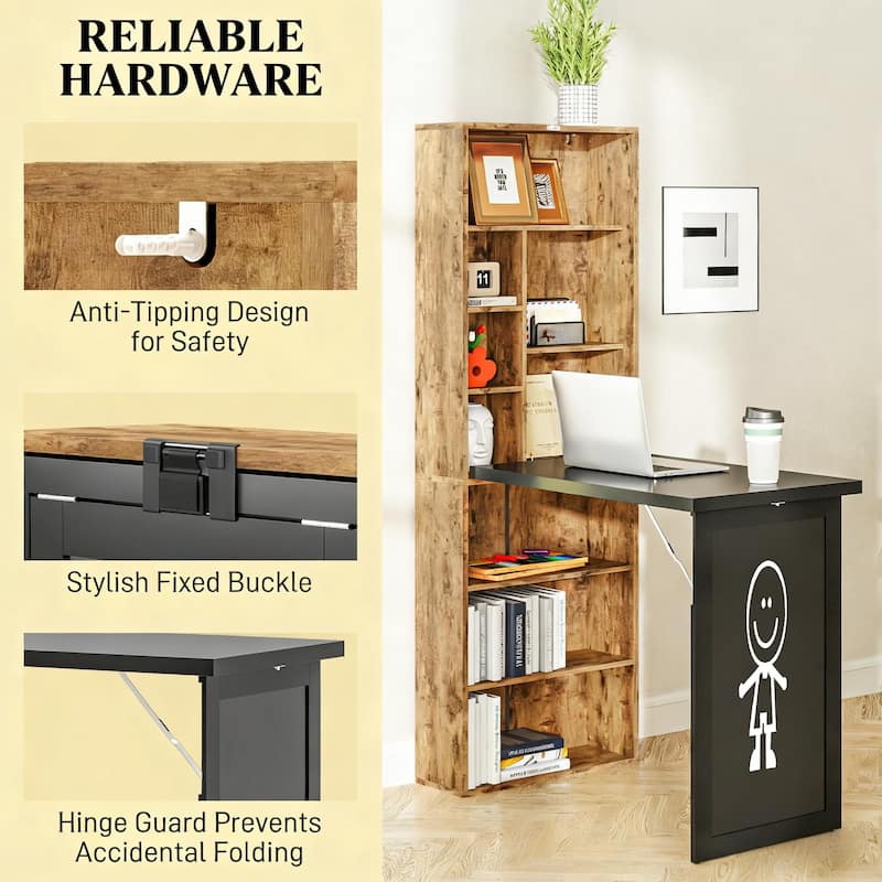 Fold Out Convertible Computer Desk with Storage Shelves, Space Saving Home Office Writing Desk with Blackboard
