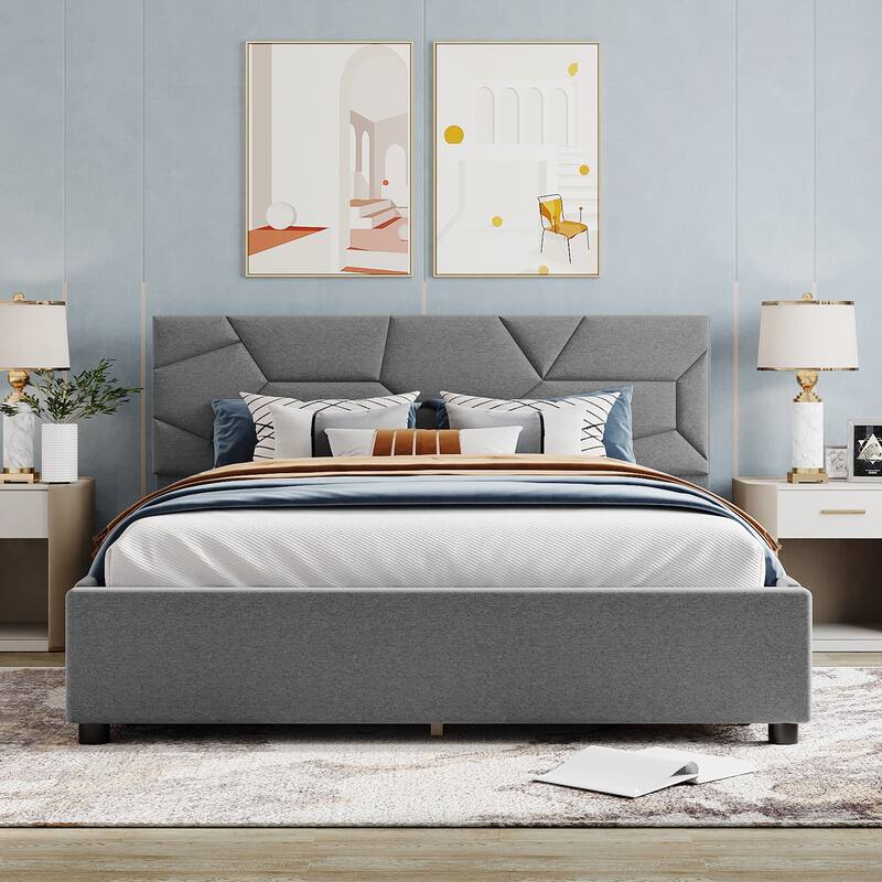 Queen Upholstered Platform Bed with Brick Pattern Heardboard & 4