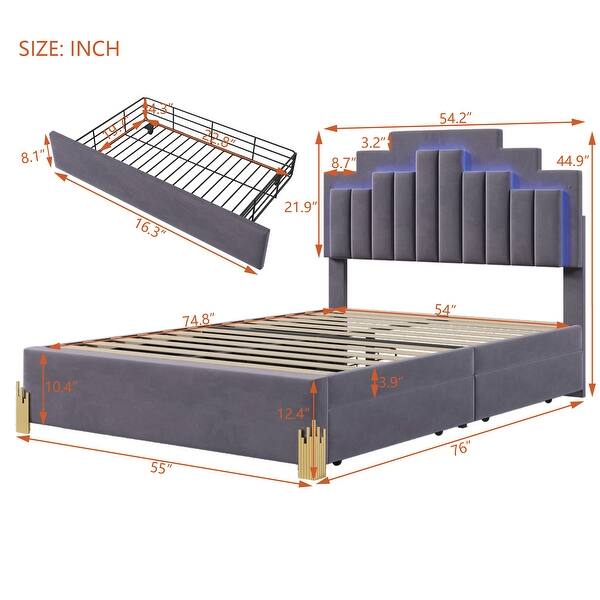 Gray Full Size Velvet Upholstered Platform Bed with 4 Drawers and RGB ...