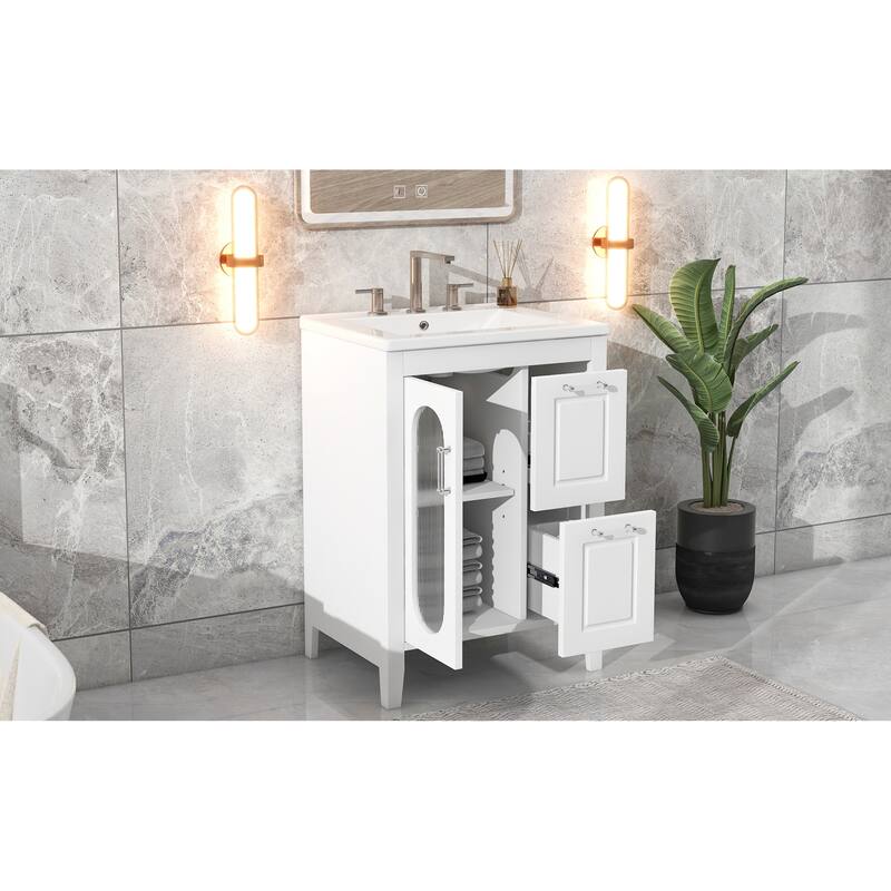 Roomfitters 24" Bathroom Vanity with Sink, Solid Wood Frame & Moru Glass Door, 2 Drawers & Adjustable Shelf