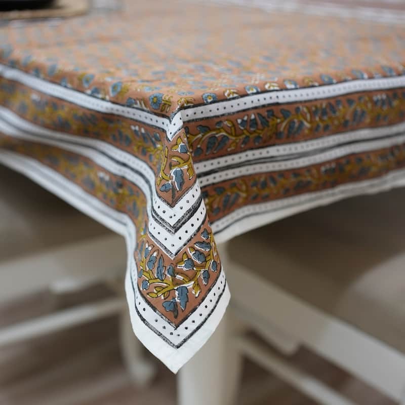 Fabdivine Handmade Block Print Cotton Brown Table Cover or Cloth Dining, Farmhouse & Kitchen Décor