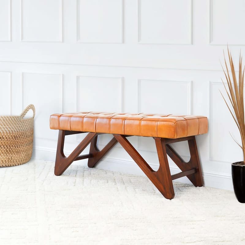 GDFStudio - Mia Modern Mid-Century 47" Genuine Leather Bench with Button Detail & Solid Wood Frame - 15.4"W