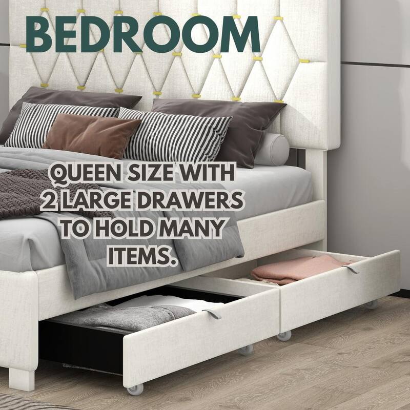 Modern Queen Upholstered Platform Bed with Gold Tufted Headboard, Pull-Out Trundle & 2 Storage Drawers, No Box Spring Needed