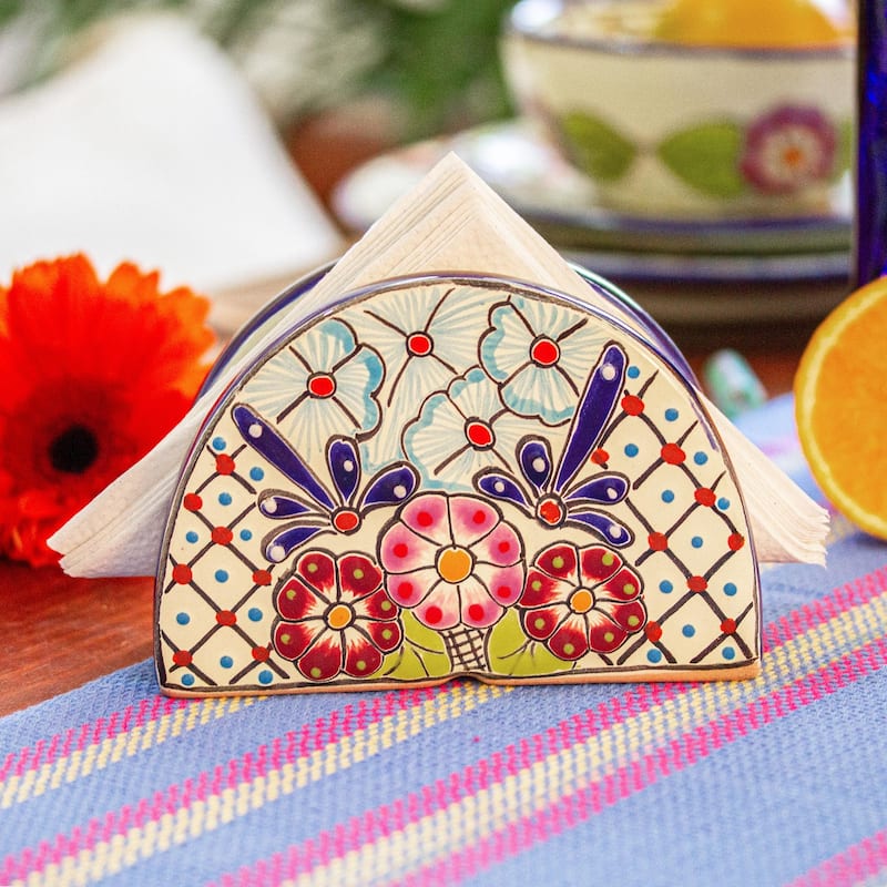 Novica Handmade Traditional Flowers Ceramic Napkin Holder
