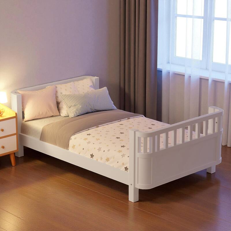 Wood Twin/Full Size Platform Bed with Safety Rails, Low Profile Kids Bed Frame for Girls and Boys