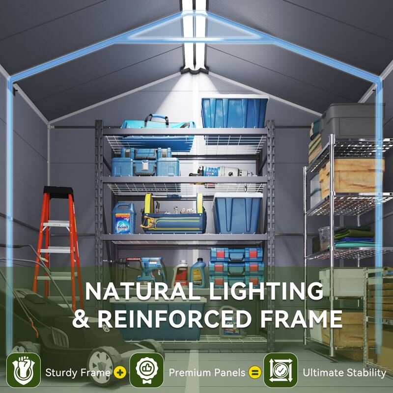 EROMMY Outdoor Storage Shed with Built-In Floor, Lockable Double Doors & Sloped Roof, Gray/Black