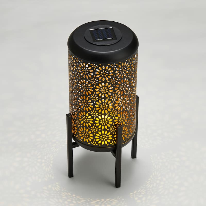 Glitzhome 14"H Outdoor Metal Cutout Flower/Leaves Solar Light Standing Lanterns Waterproof