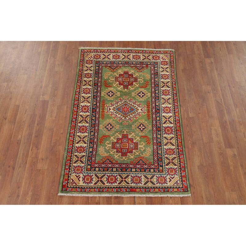 Light Green Kazak Oriental Accent Rug Handmade Wool Carpet - 3'2" x 4'11"