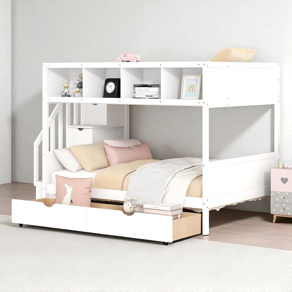 Twin Over Full Bunk Bed with Storage Staircase, Shelves and 2 Drawers, Solid Wood Frame for Kids