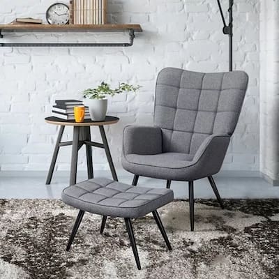 Armchair with Footrest Casual Linen Fabric Gray - 31.5" x 28.6"