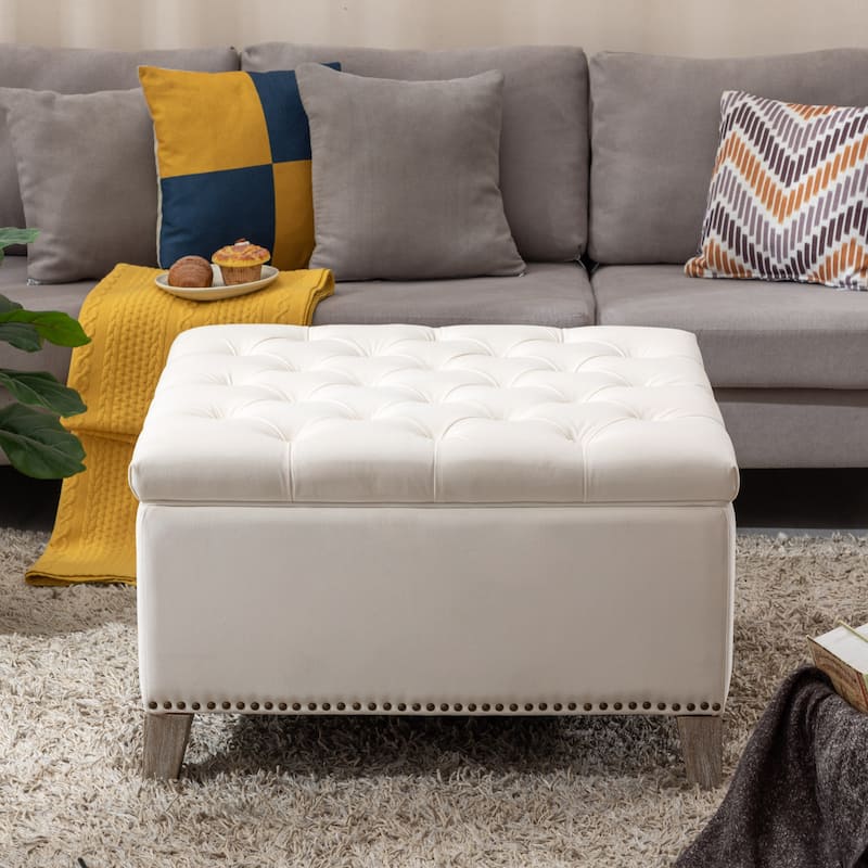 29.5" Wide Velvet Tufted Square Ottoman With Storage - Cream
