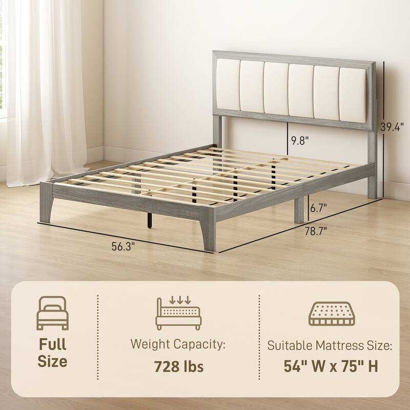 HOMCOM Full Size Bed Frame with Upholstered Headboard, Platform Bed Frame with Wooden Slats