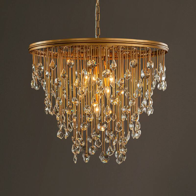 5/7 -Light Contemporary and Glam Antique Gold Rain Drop Crystal Chandelier - W28''