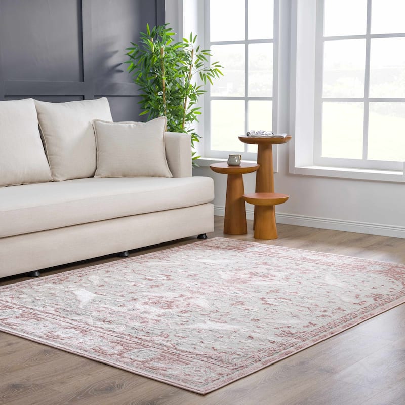 Hauteloom Calum Living Room, Bedroom Area Rug - Farmhouse - High Pile - Pink,Gray - 7'9" x 9'6"