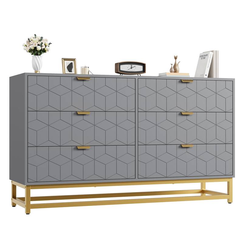 53.5" Modern 6-Drawer Dresser with Metal Legs, Wide Storage Chest of Drawers for Bedroom, Living Room, Entryway - Grey