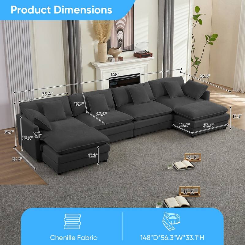 Mixoy 148''Oversized Modular Sectional Sofa, U-Shaped 6-Seater Chenille Upholstered Deep Seat Sofa with 2 Movable Ottomans - 4+2
