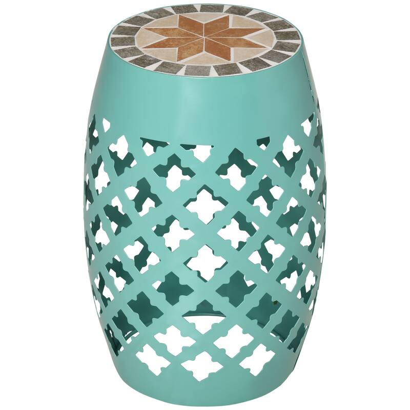 Round Side Table with Top Mosaic Pattern and Drum Style - Blue