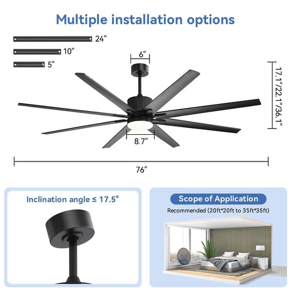 dimension image slide 3 of 19, Sofucor 52/66/72/76/84Inch Large Ceiling Fan with Dimmable LED Light ,Remote&APP Control,8 Blades for Large Living Room,Porch