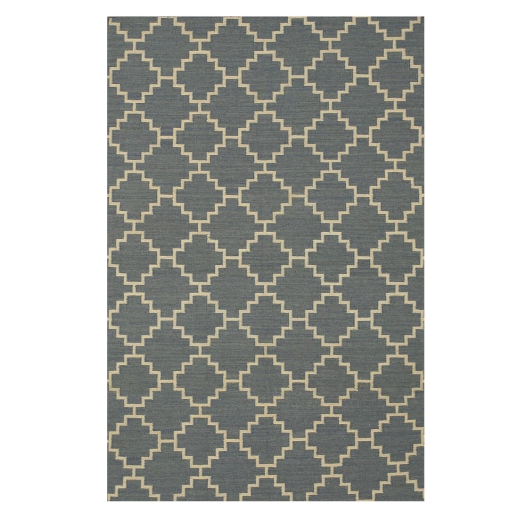 Blue Wool Flatweave Reversible Rug 10x14 - Sophisticated Trellis Pattern with Handwoven Detailing - N/A