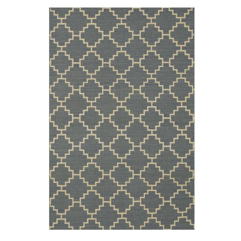 Blue Wool Flatweave Reversible Rug 8x10 - Elegant Trellis Design with Modern Flatweave Texture - N/A