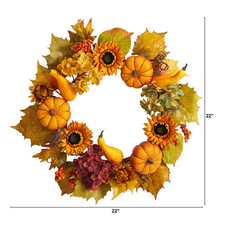 Sunflower with Hydrangea and Pumpkin Artificial Fall Harvest Wreath, 22-Inch