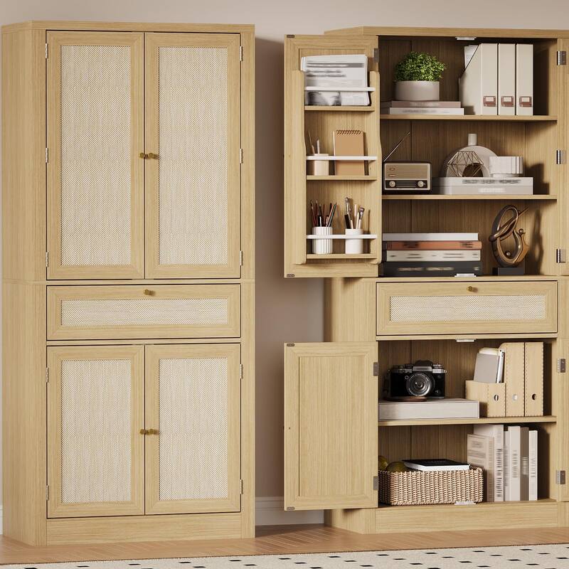 70 Inch Tall Pantry Cabinet, Rattan Kitchen Storage Cabinet with Drawer, Door Shelves & Adjustable Shelves
