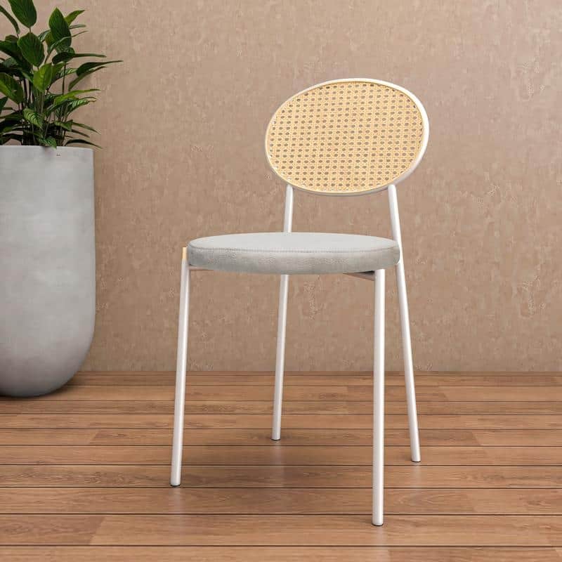 LeisureMod Euston Modern Dining Chair with Upholstered Velvet Seat - Wicker Back and White Stainless Steel Legs Accent Chair