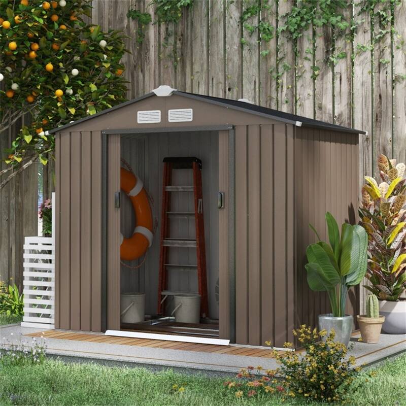 Large Brown Galvanized Steel Garden Storage Shed with Polypropylene Panels Lockable Double Doors and Ventilation