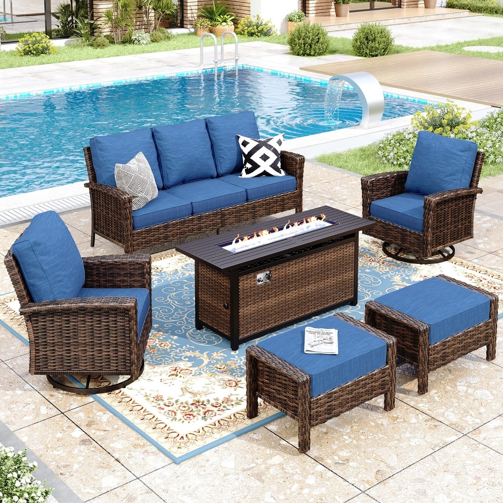 MAISON ARTS Patio Wicker Sofa Conversation Set with 50,000 BTU Fire Pit Table , Oversize Seat with 5.5'' Thick Padded Cushion