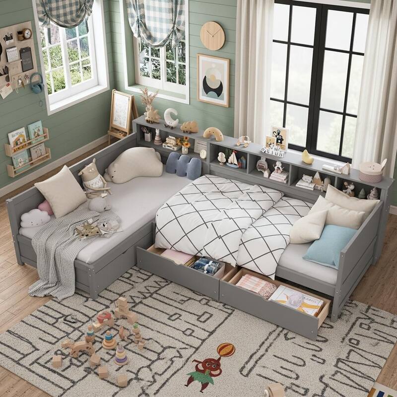 L-Shape Twin Size Day Bed for 2 with Storage Drawers and Bookshelf by Harper&Bright Designs - Grey