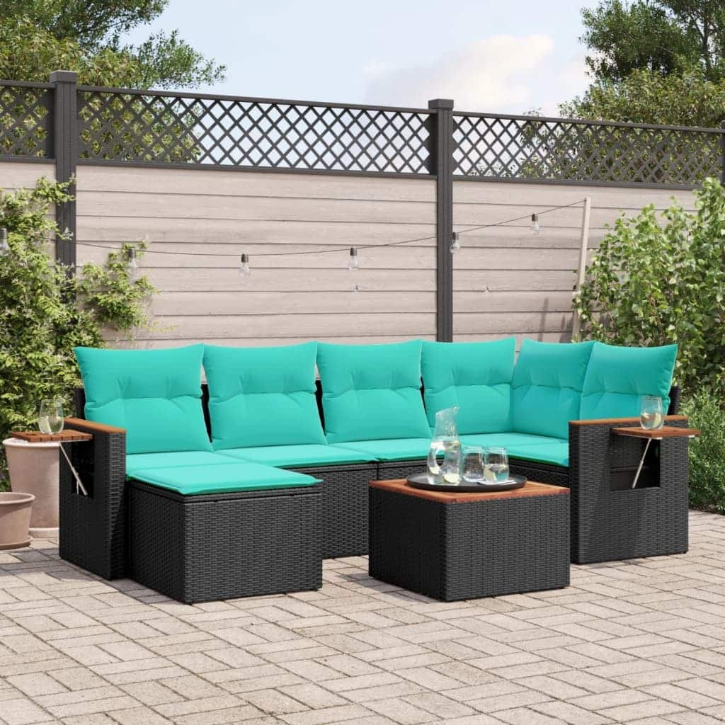 vidaXL 7 Piece Patio Sofa Set with Cushions Black Poly Rattan (US only) - 24.4 x 24.4 x 27.2