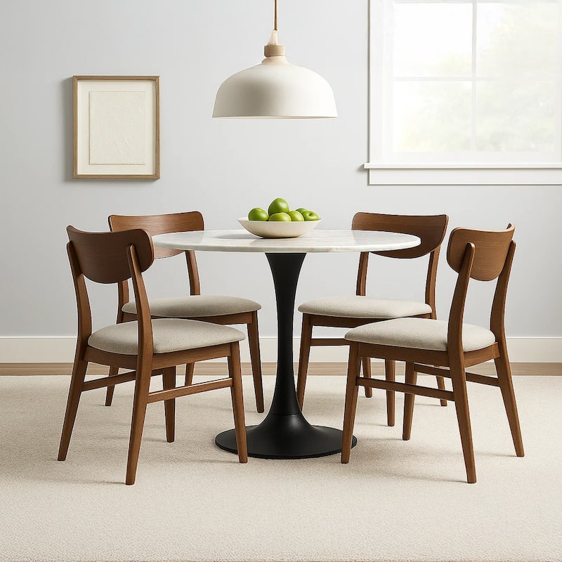 Mara Dining Table, 30 Inch Round White Genuine Marble Top, Black Metal Tulip Padestal Base - White, Black