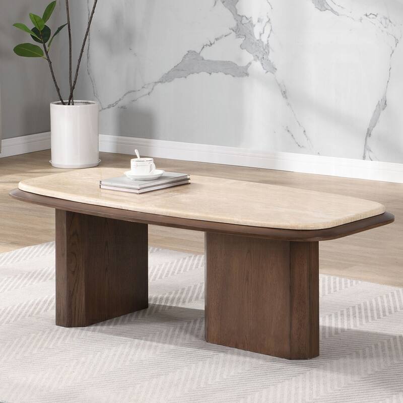Wood and Travertine Stone Coffee Table in Walnut